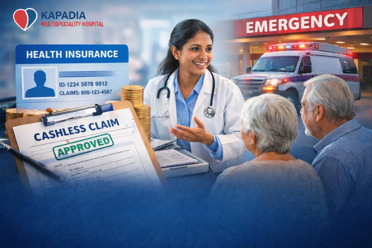 Doctor explaining cashless health insurance claim process to elderly patients with health insurance card, approved claim form, and ambulance outside emergency hospital in Mumbai