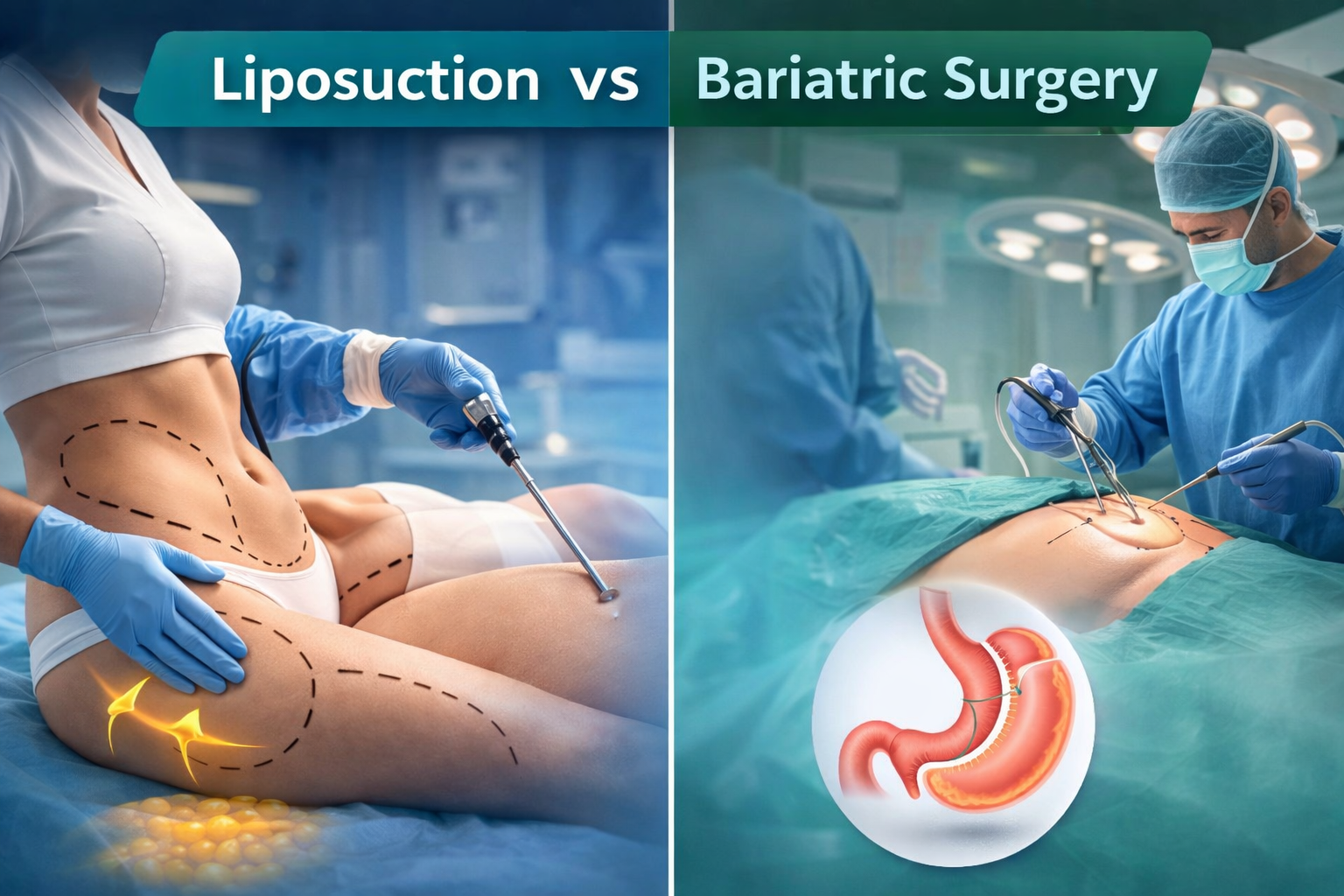 Illustration showing the difference between Liposuction or Bariatric Surgery