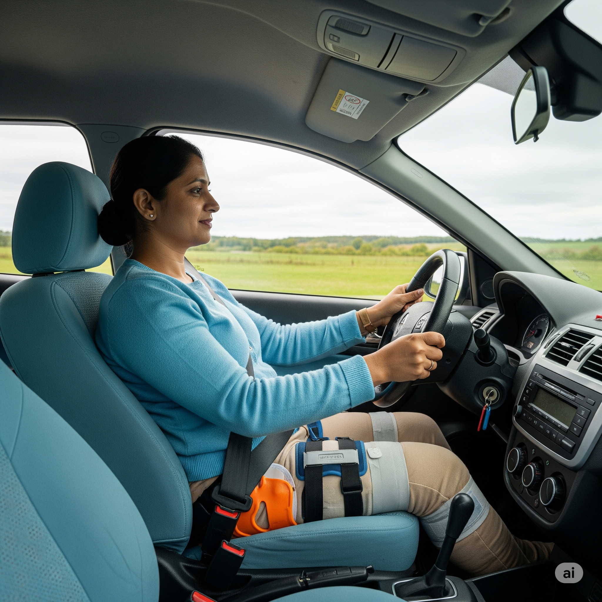 image of a lady with bandages on her leg, driving a car