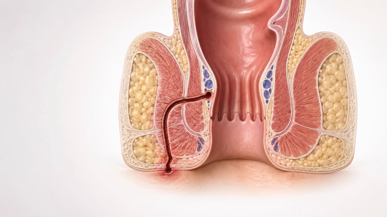 Anatomical cross-section of an anal fistula tract running from the anal canal to an external opening in the skin - Kapadia Hospital, Mumbai