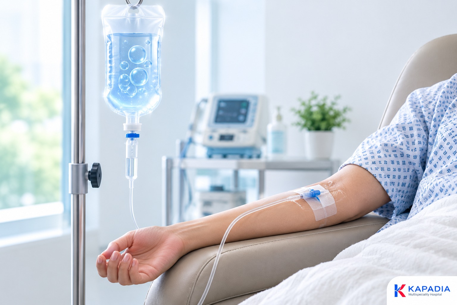 Patient receiving an intravenous ozone therapy infusion in a bright treatment room at Kapadia Hospital, Mumbai